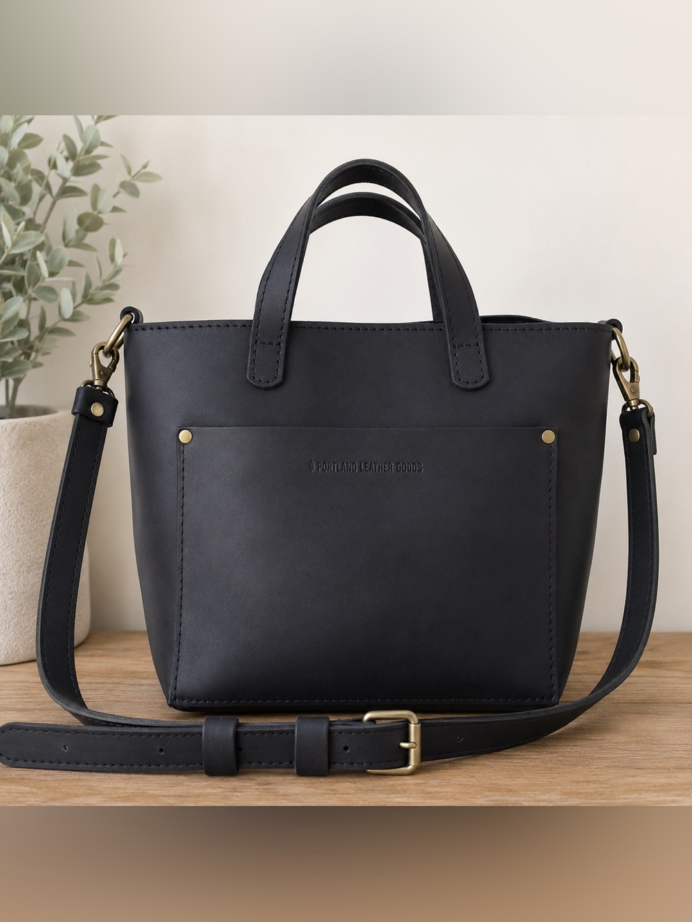 Portland Leather Goods Black Leather Mini Crossbody Tote Purse Shoulder Bag
